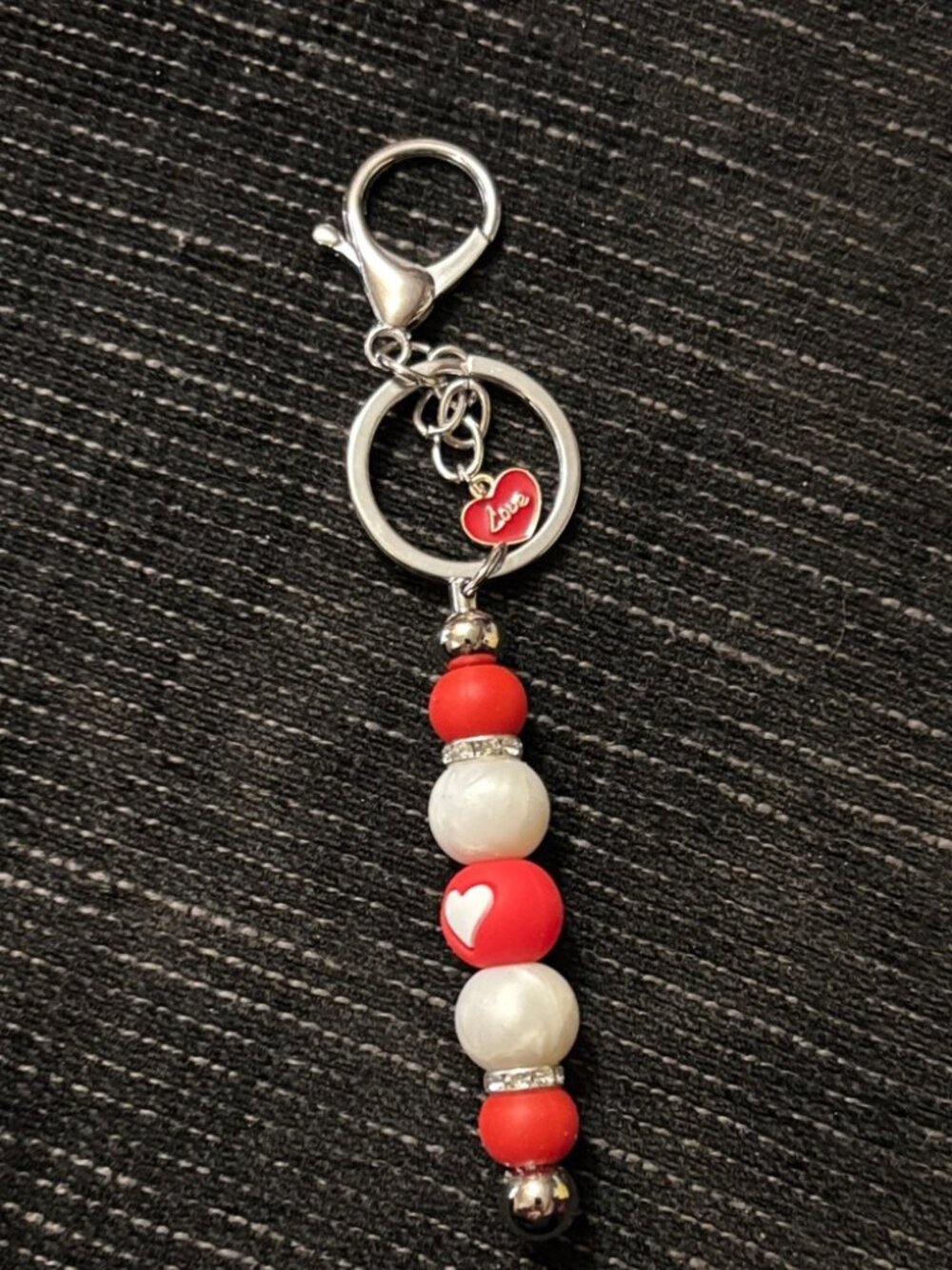 Handmade Red and White Beaded Keychain